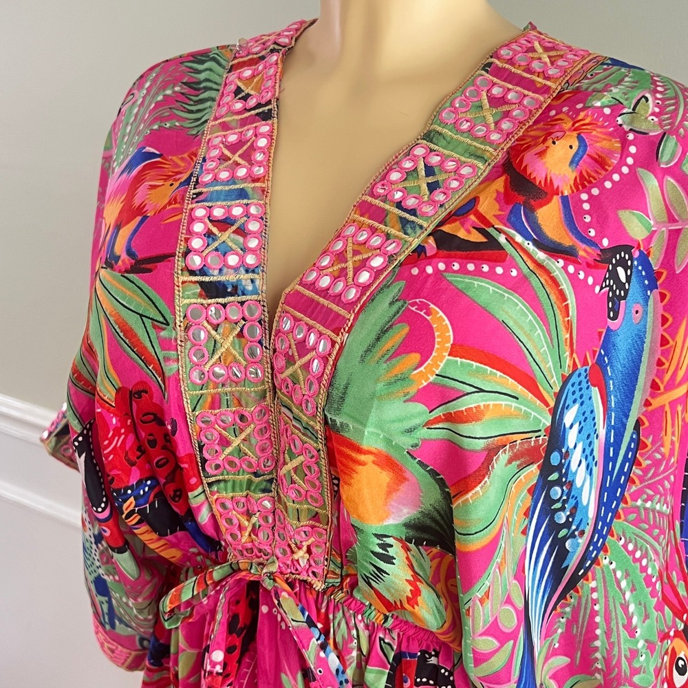 Dress Nado Tropical Bird Mini Dress S Womens Boho Mirror Embroidered Pink Kaftan - Picture 2 of 13